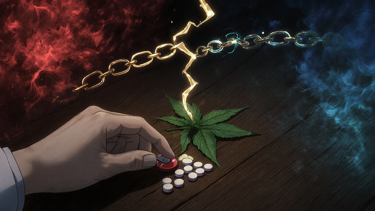 A doctor's hand placing tapering dexamethasone pills beside a poison ivy leaf, as a fractured golden chain reassembles above, symbolizing controlled healing.