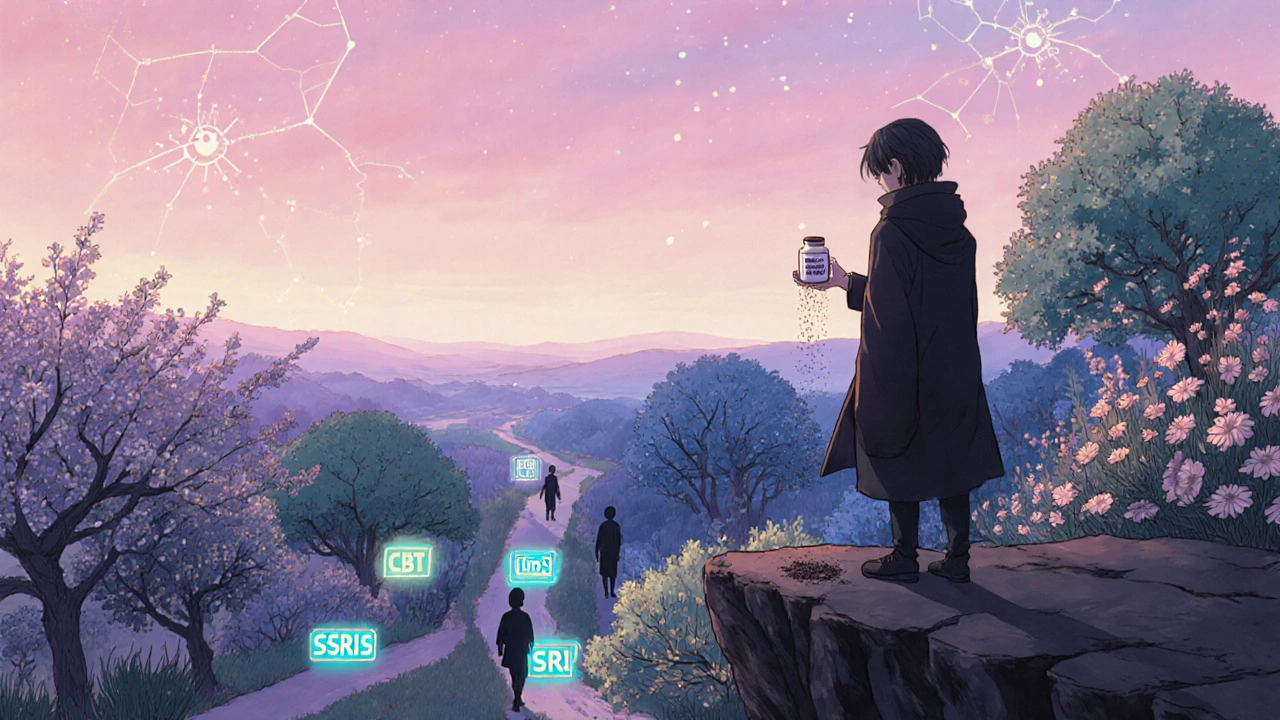 A person letting go of medication as new healing paths glow below in a dreamlike landscape.