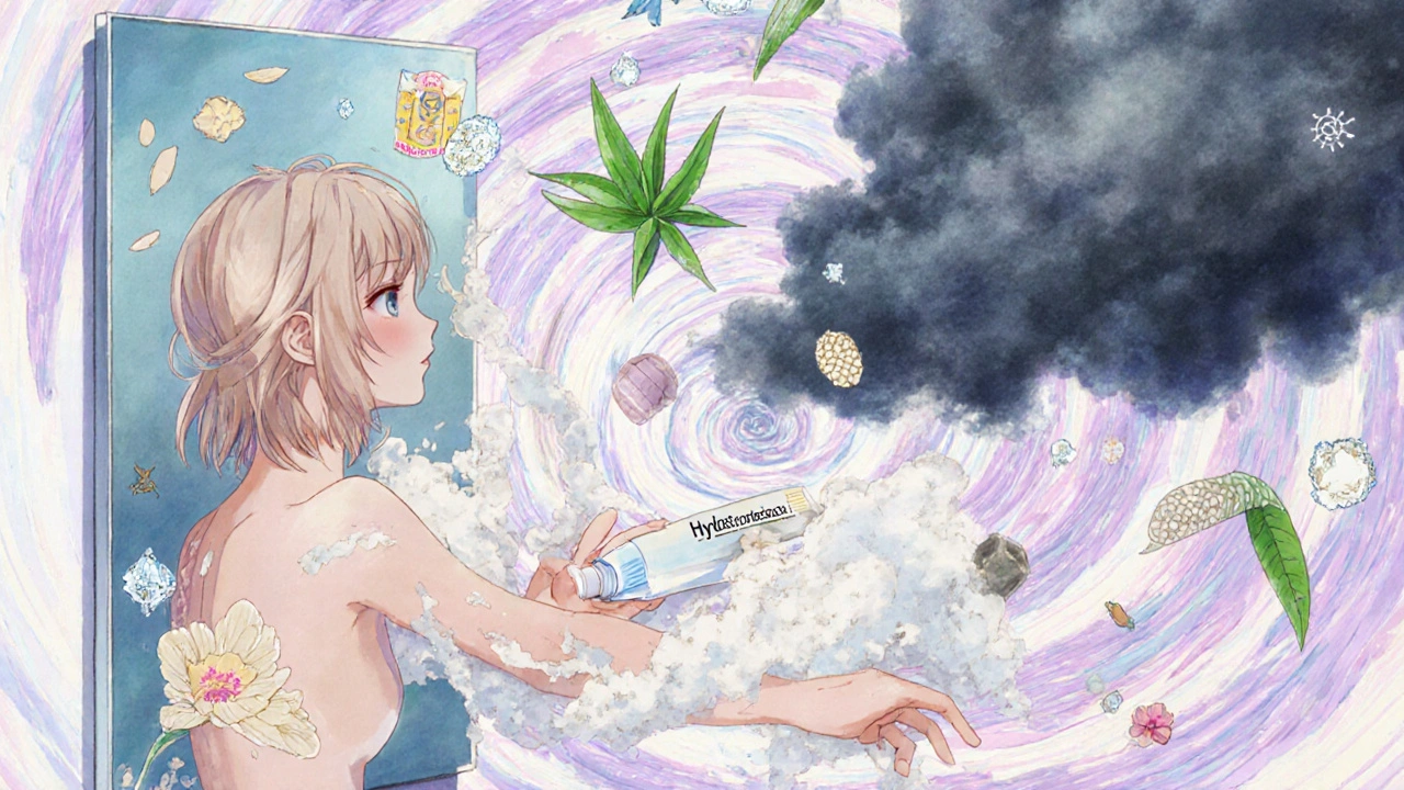 A woman applying hydrocortisone cream, with natural remedies floating as magical glyphs behind her, contrasting a dark storm labeled 'Dexamethasone'.