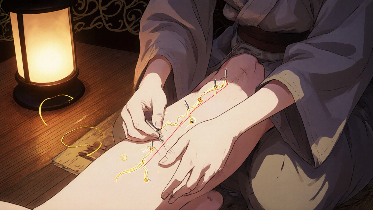 Acupuncturist inserting needles at ST36, PC6, CV12 with golden energy lines on a calm patient.