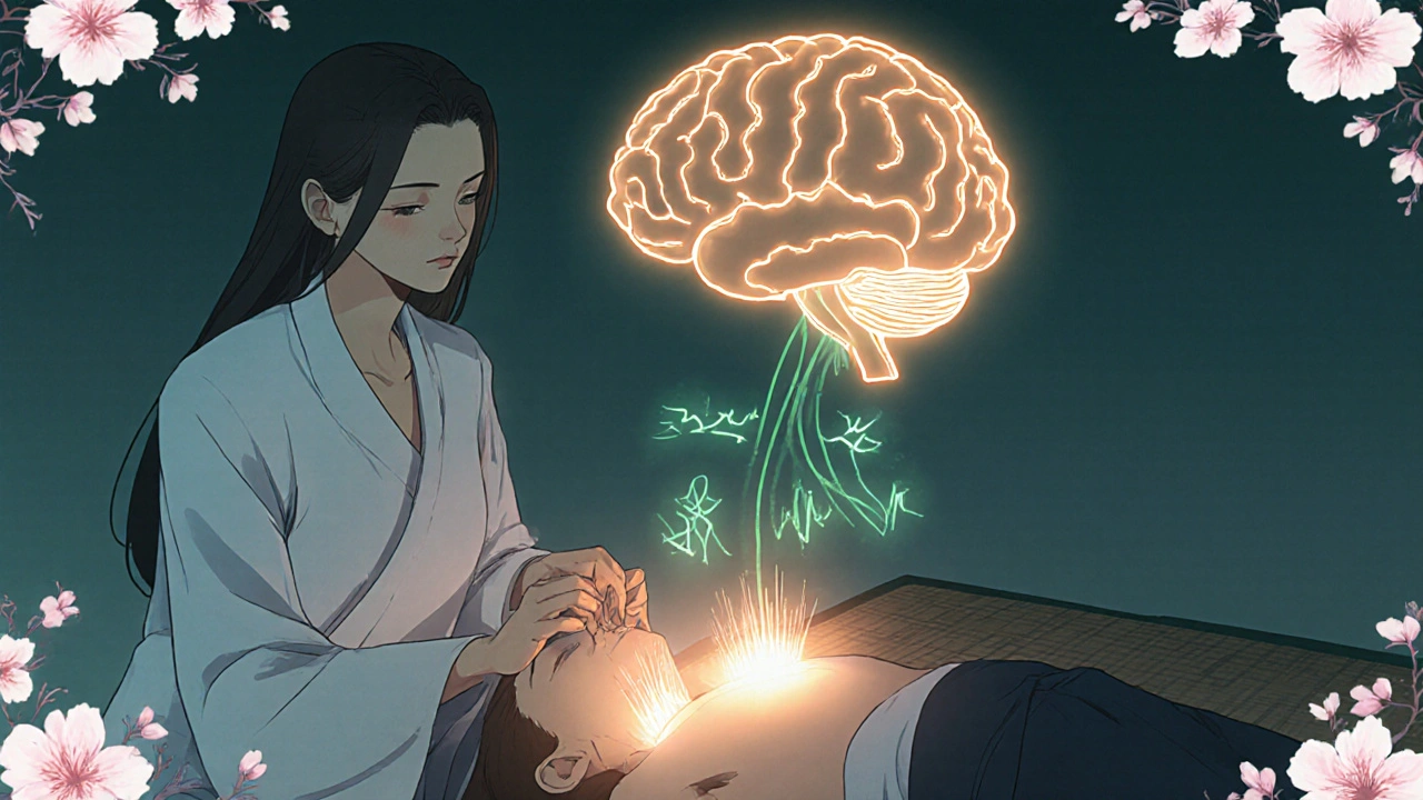 Acupuncturist placing glowing needles on patient, energy lines connect to a stylized brain.