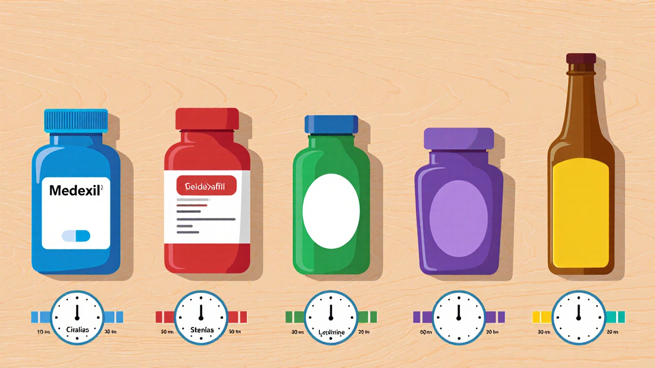 Array of different ED medication bottles arranged on a wooden table with clocks indicating onset and duration.