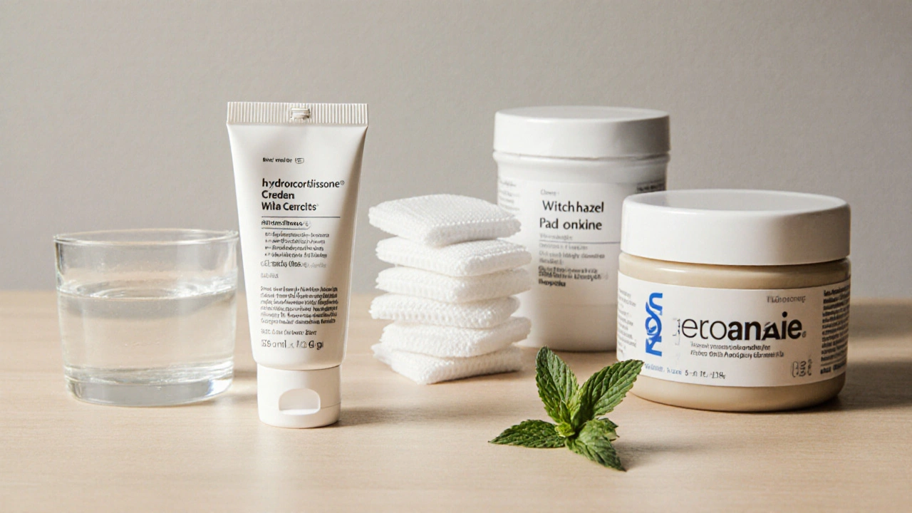 Assorted OTC creams and pads on a countertop, showing textures of hydrocortisone, witch hazel, zinc oxide, lidocaine, and hemorrhoid ointment.
