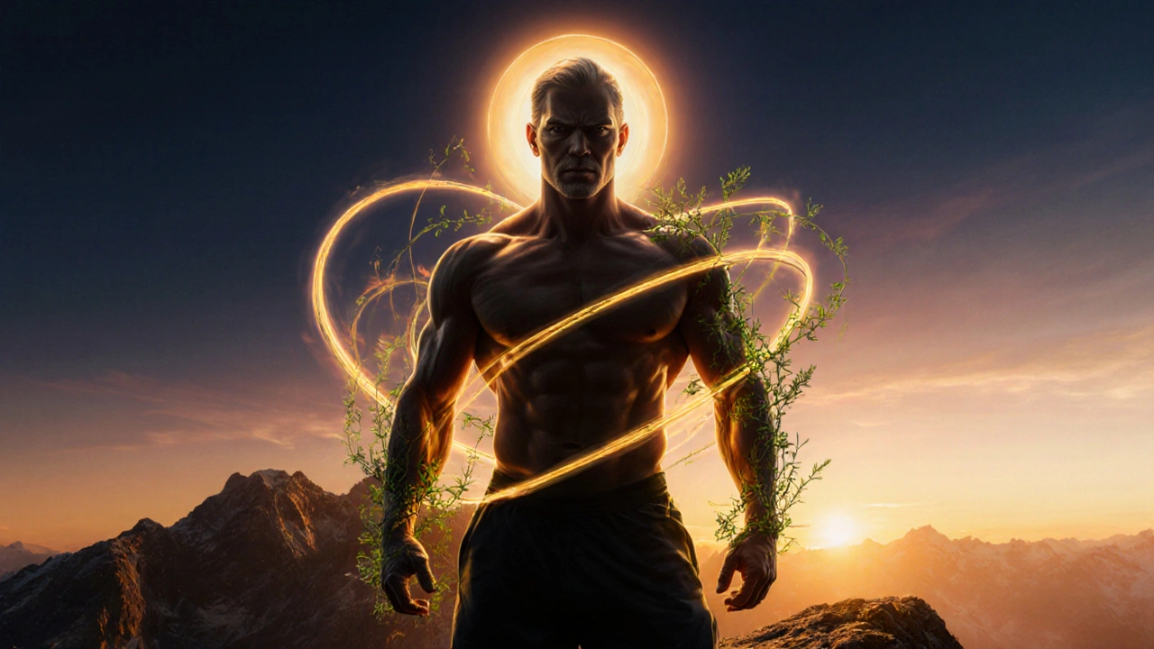 Athletic man on a sunrise mountain peak surrounded by saffron and tribulus motifs.
