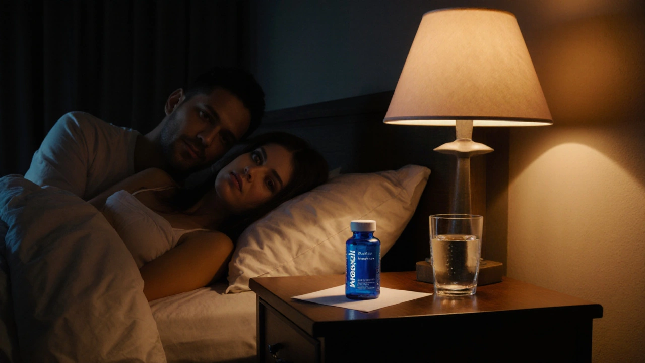 Cozy bedroom scene with a bedside table holding a single blue pill bottle, suggesting a chosen ED treatment.