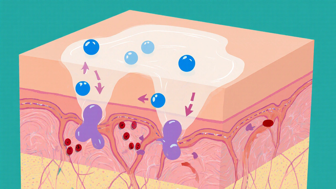 Cross‑section of skin showing Flutivate cream reducing inflammation.