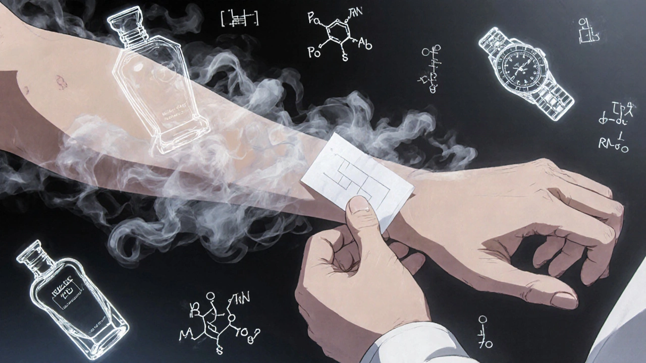 Dermatologist performing patch test as allergen images dissolve into smoke, surrounded by glowing immune markers and petals.