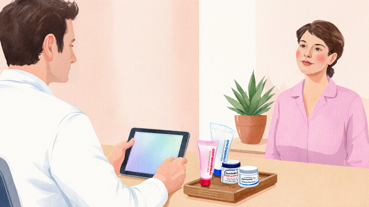 Dermatology consultation with cream tubes representing low, medium, high potency options.