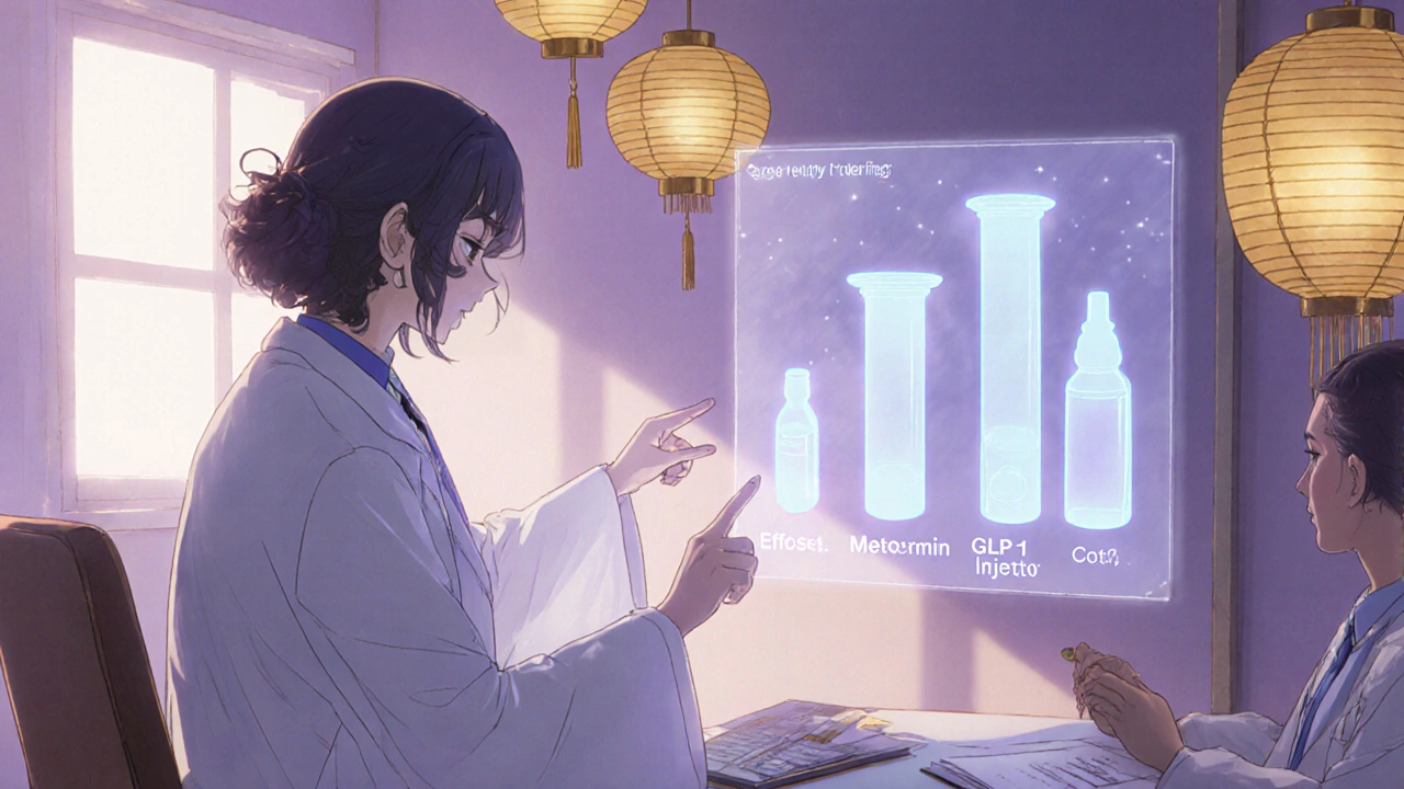 Doctor and patient discussing medication options in a serene setting.