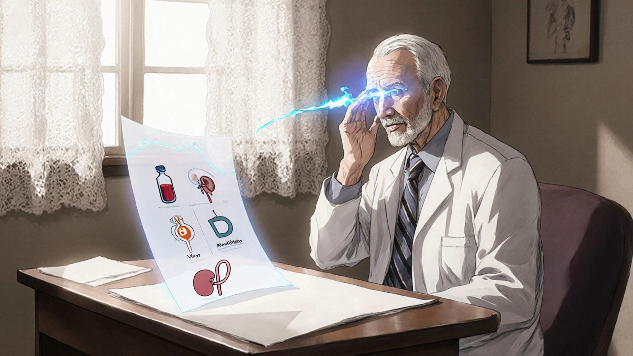 Doctor tapping elderly man's facial nerve, blue aura highlighting Chvostek sign and floating lab icons.