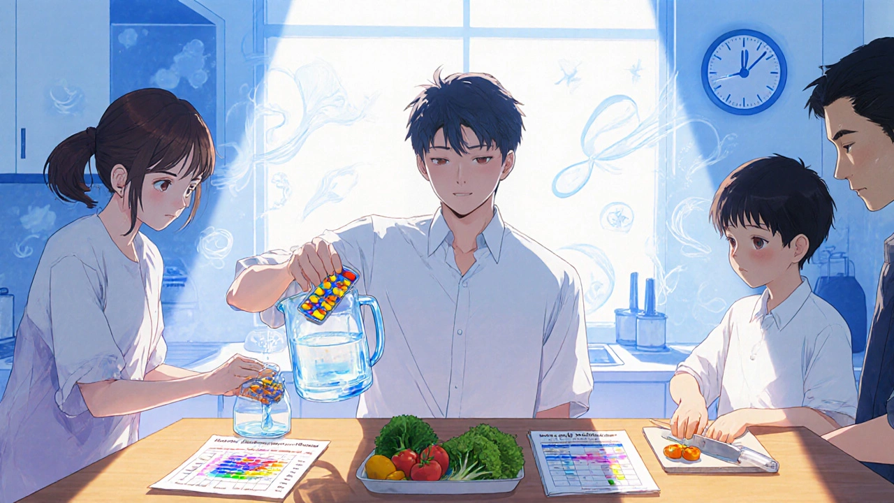 Family preparing healthy meal and water while organizing medication reminders, Amano-inspired anime scene.