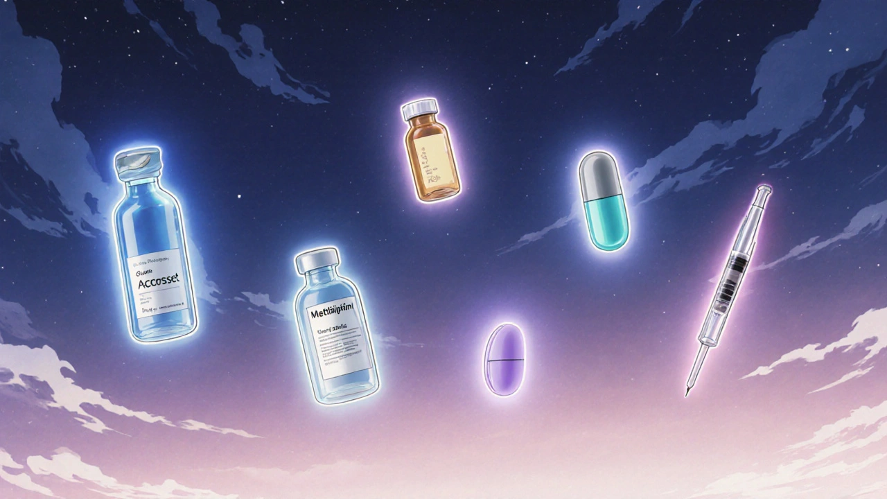 Floating collection of diabetes medication bottles and an injection pen.