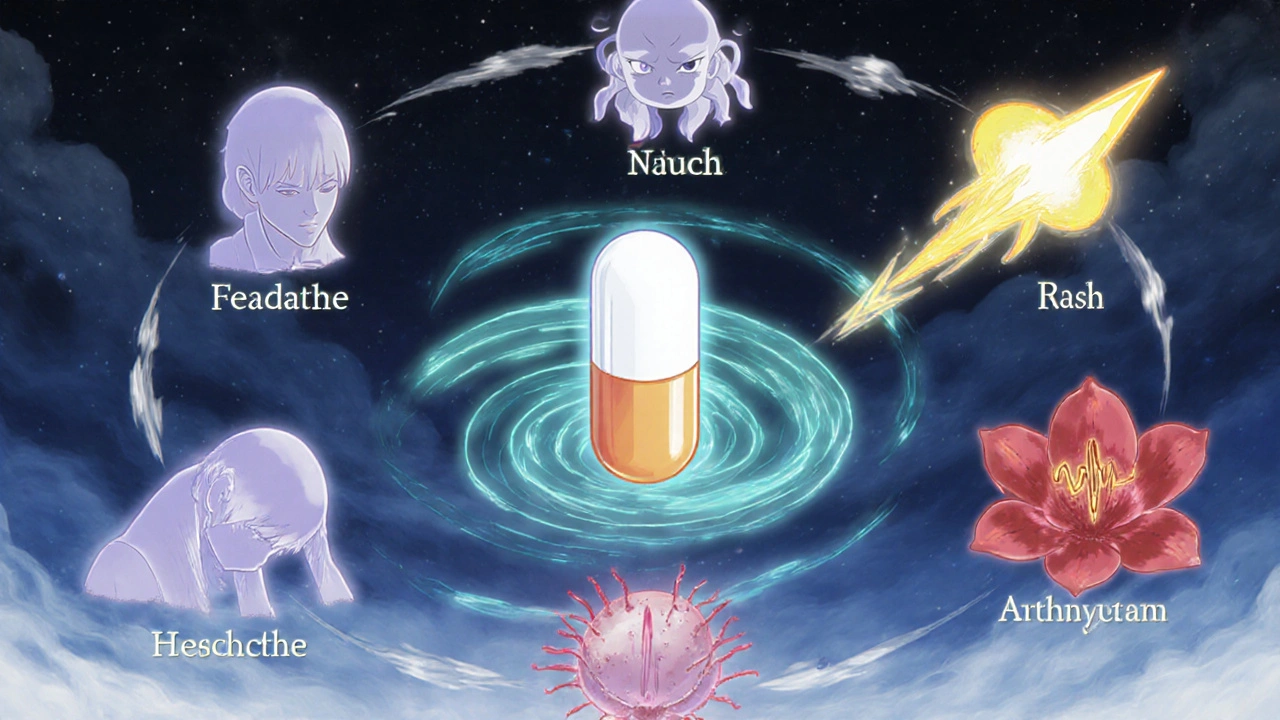 Floating spirits represent fatigue, headache, nausea, rash, and heart issues around a pill.