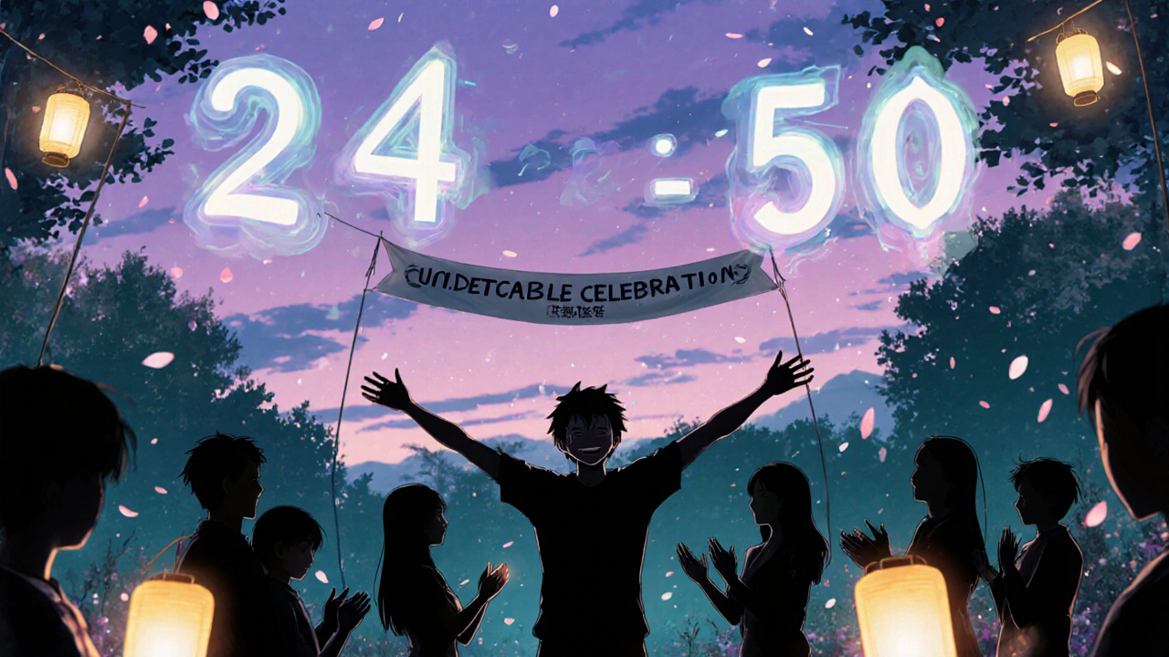 Friends and family celebrate an undetectable milestone, with floating health stats, in Yoshitaka Amano style.