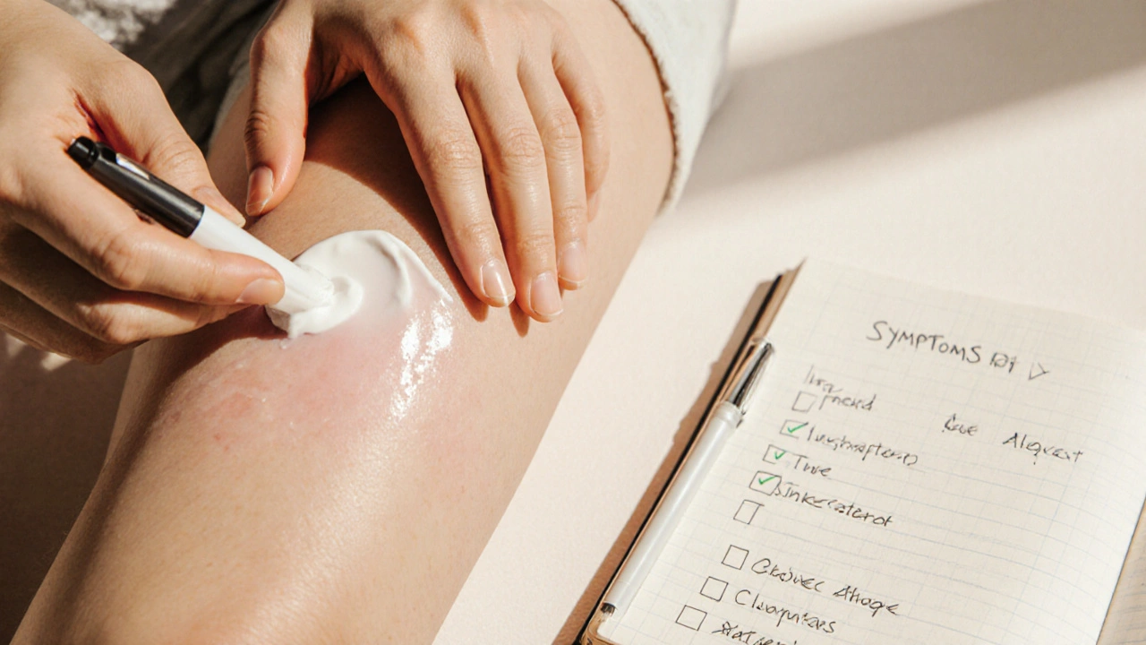 Hand applying cream to inner thigh with an open notebook beside it, depicting a treatment routine.