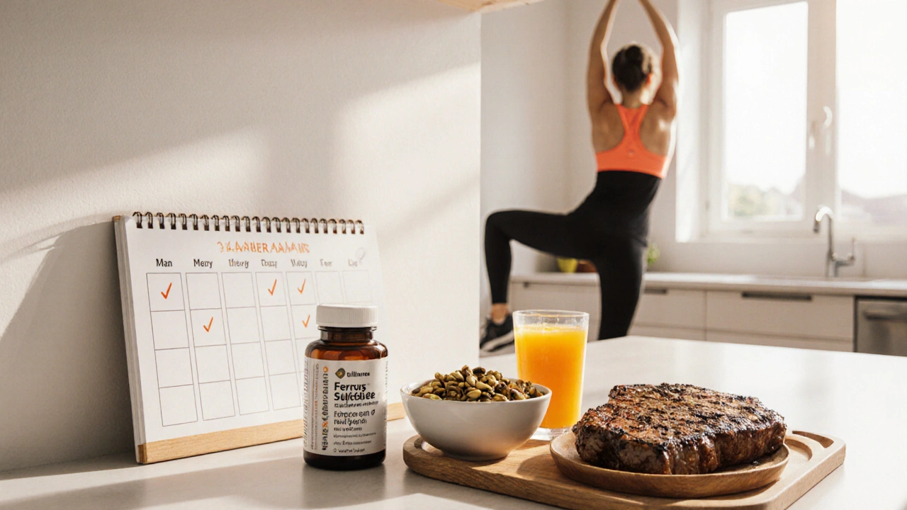 Kitchen scene with iron‑rich foods, supplement bottle, planner and fit person suggesting a 4‑week energy plan.