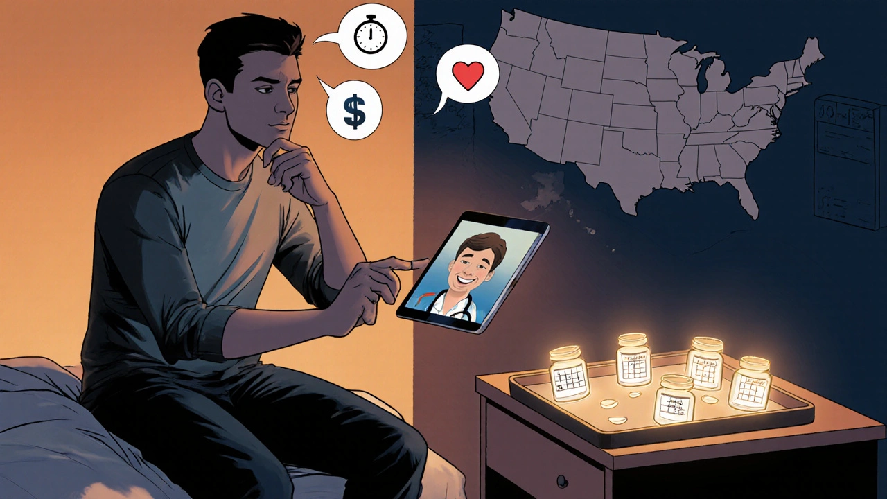 Man on bed with telehealth doctor, thought bubbles of clocks and money, and a tray of four pills on nightstand.