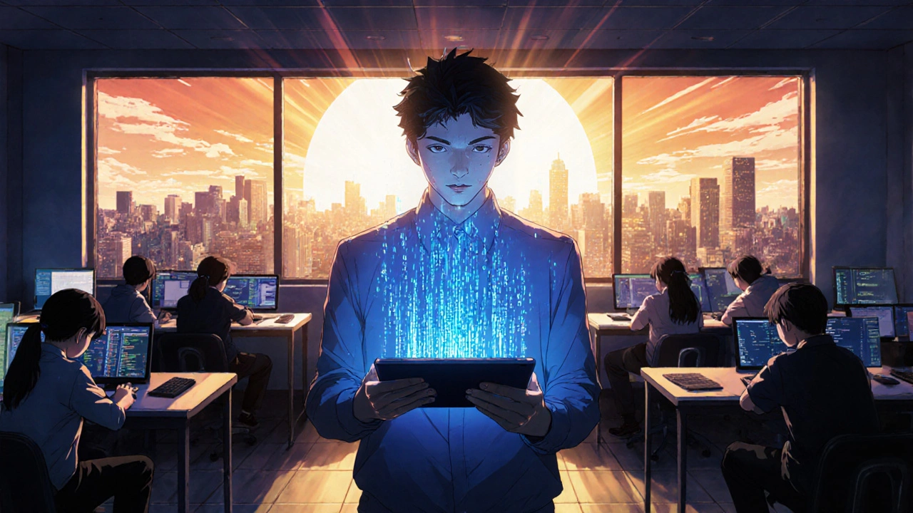 Mentor guiding young coders, tablet glowing with code against sunrise.