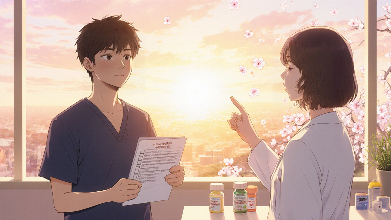 Patient and doctor discuss medication change under a hopeful sunrise.