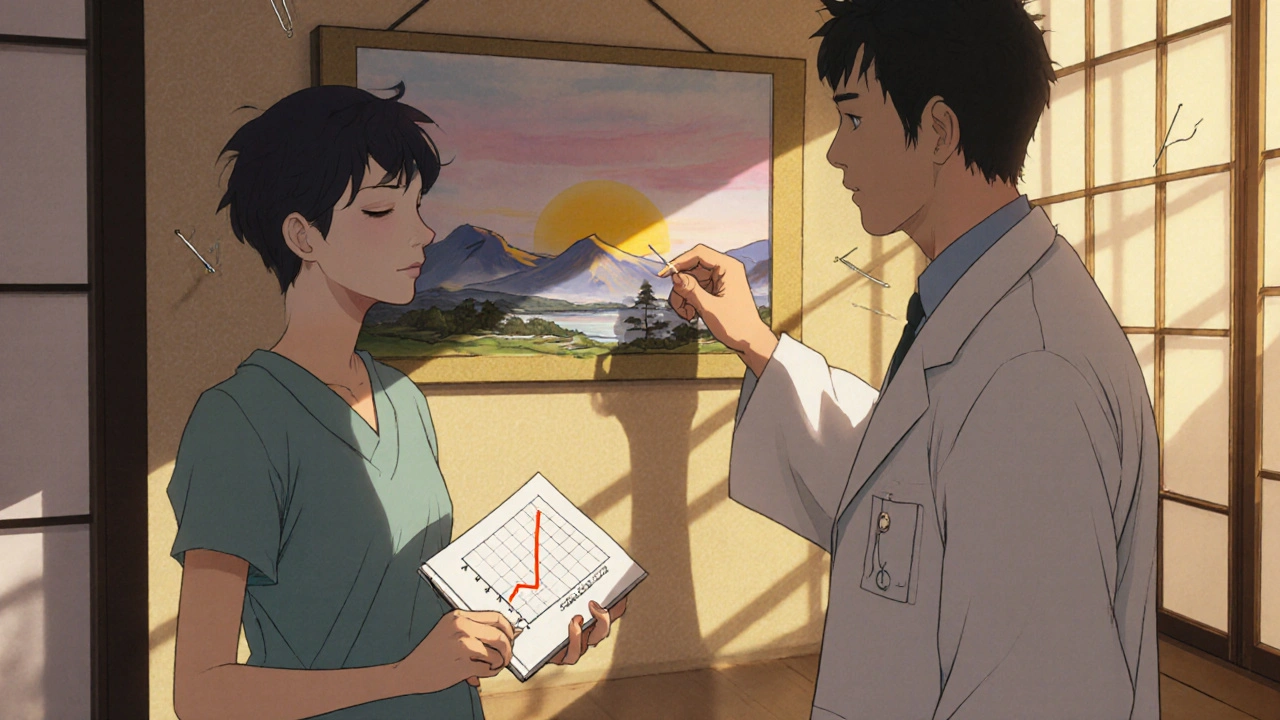 Patient and doctor reviewing progress, notebook and sunrise painting suggest improvement.