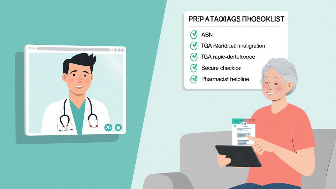 Patient video calls doctor and uploads e‑prescription on tablet with checklist visible.