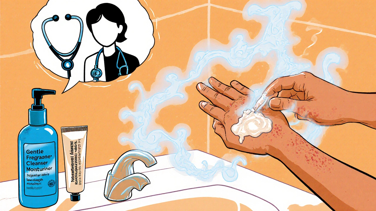 Person applying moisturizer in bathroom, thinking of dermatologist.