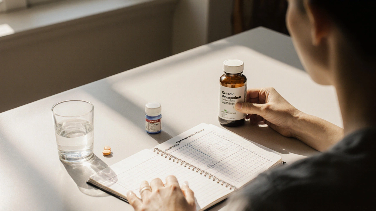 Person at a table with diary, water glass, omeprazole bottle, and magnesium supplement.