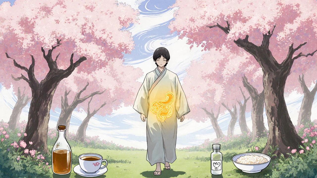 Relaxed individual walking in a garden, stomach glowing, with simple food and probiotic items nearby.