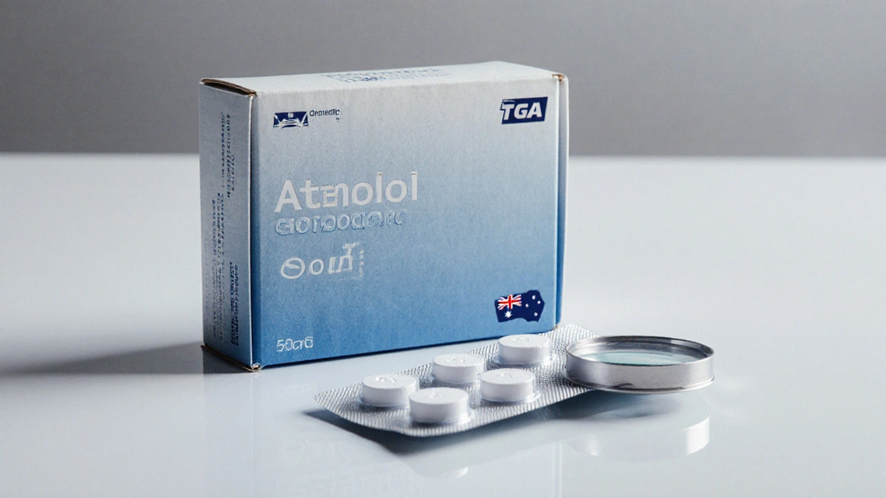 Sealed Atenolol box and tablet blister pack with TGA logo and magnifying glass.