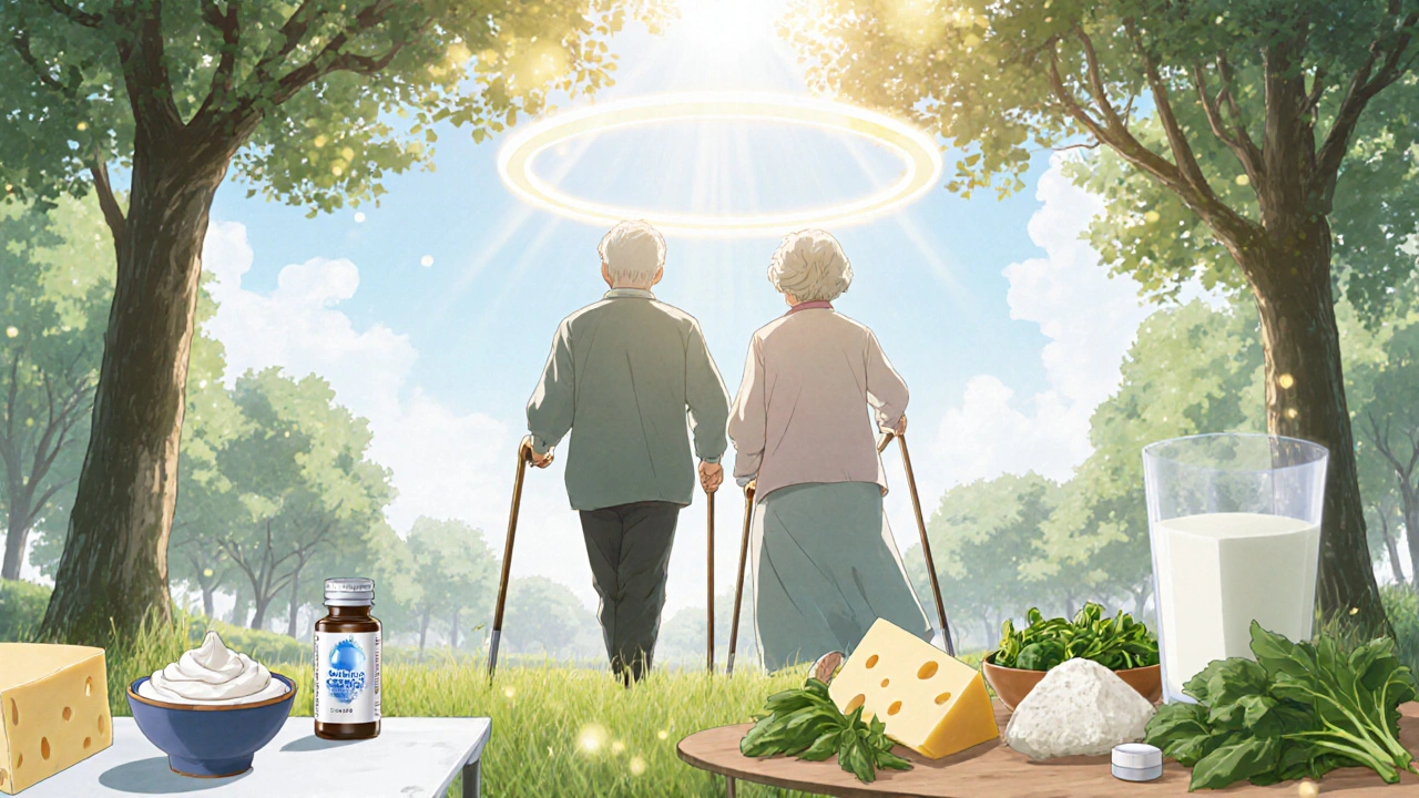 Senior couple walking in a park beside a table of calcium‑rich foods and supplements.