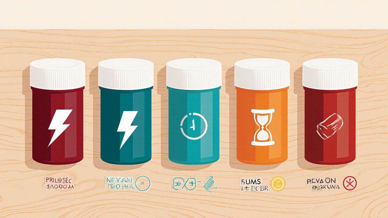 Six colored medication bottles with icons for onset, duration, and cost.