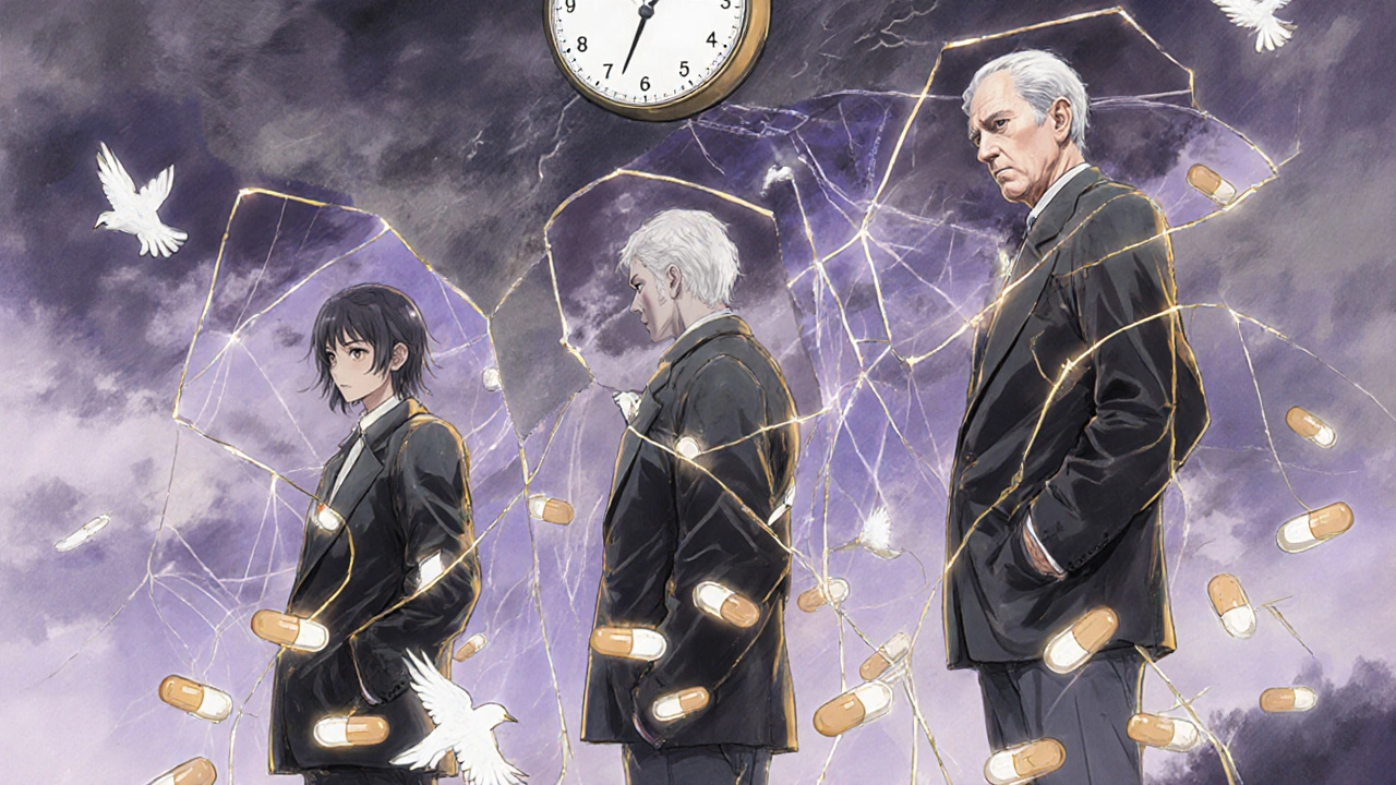 Three reflections of a person showing long-term effects of medication, connected by snapping threads.