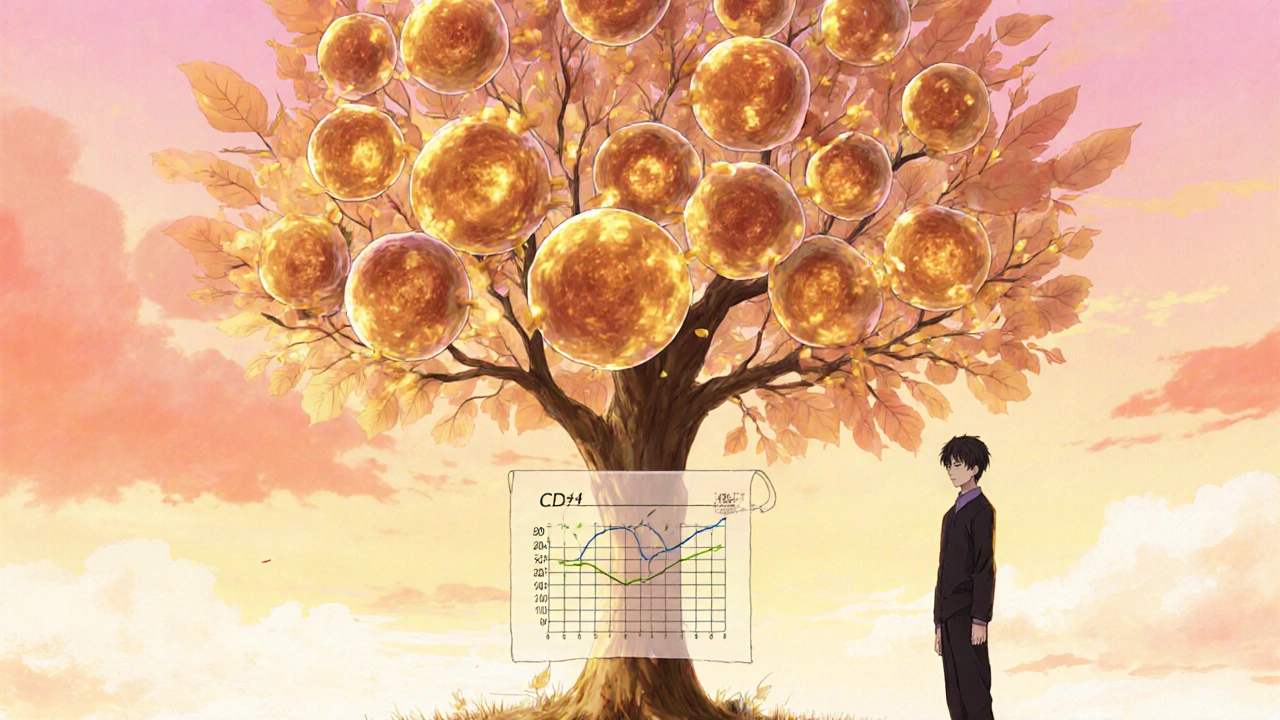 Tree of CD4 T‑cells sprouts, symbolizing immune recovery with a smiling patient.