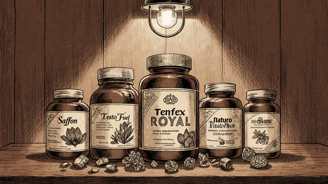 Vintage style line of six supplement bottles with herb sketches on a wooden desk.
