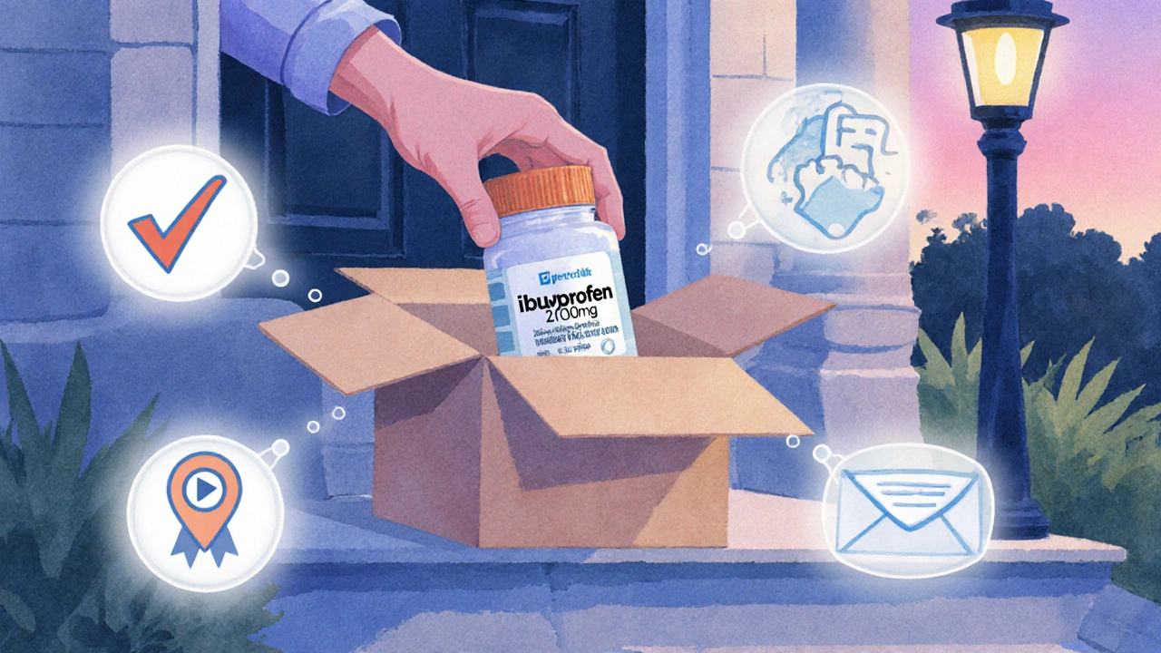 Watercolor of delivery box opened, showing ibuprofen bottle and checklist icons.