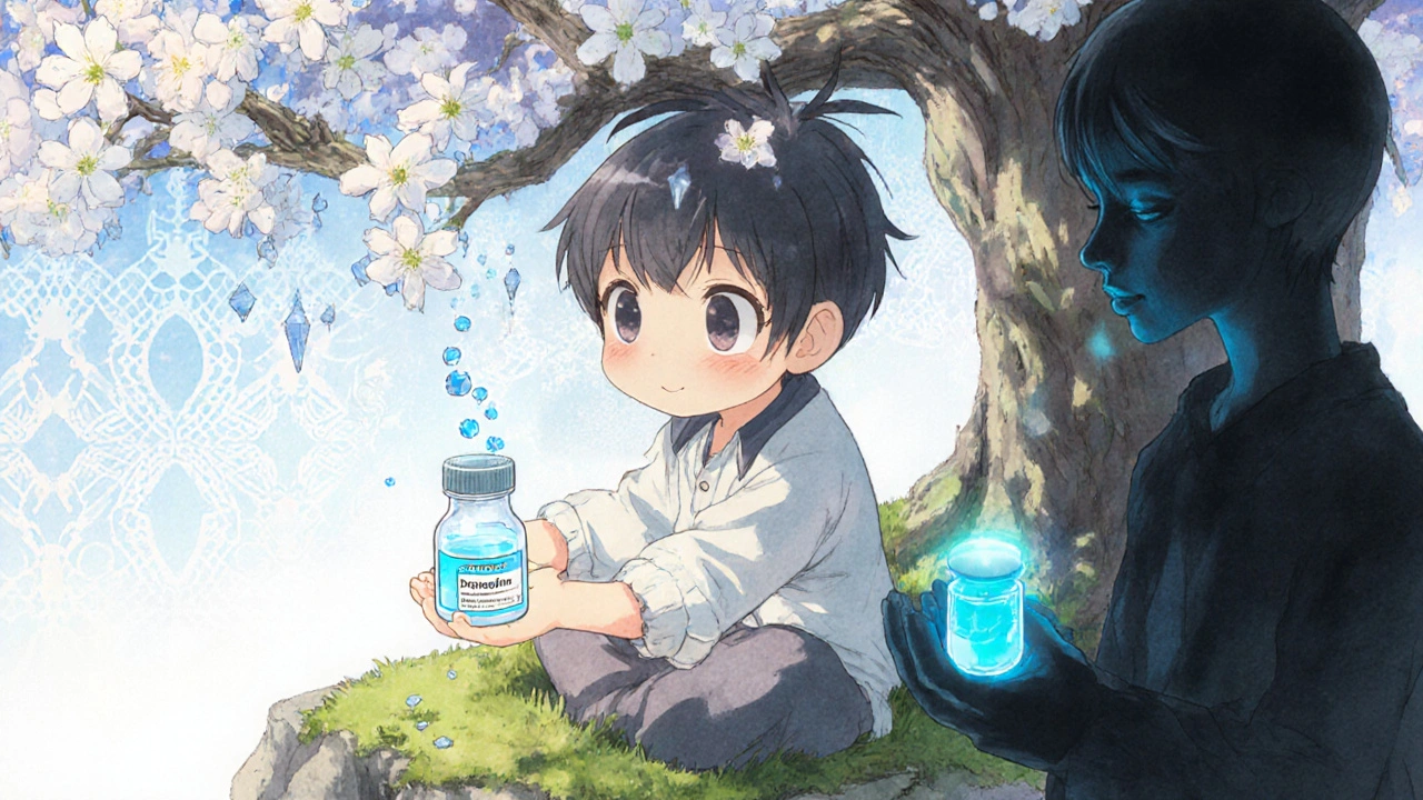 A child holding desloratadine as glowing pollen enters their hand, while a dimmer figure holds loratadine nearby.