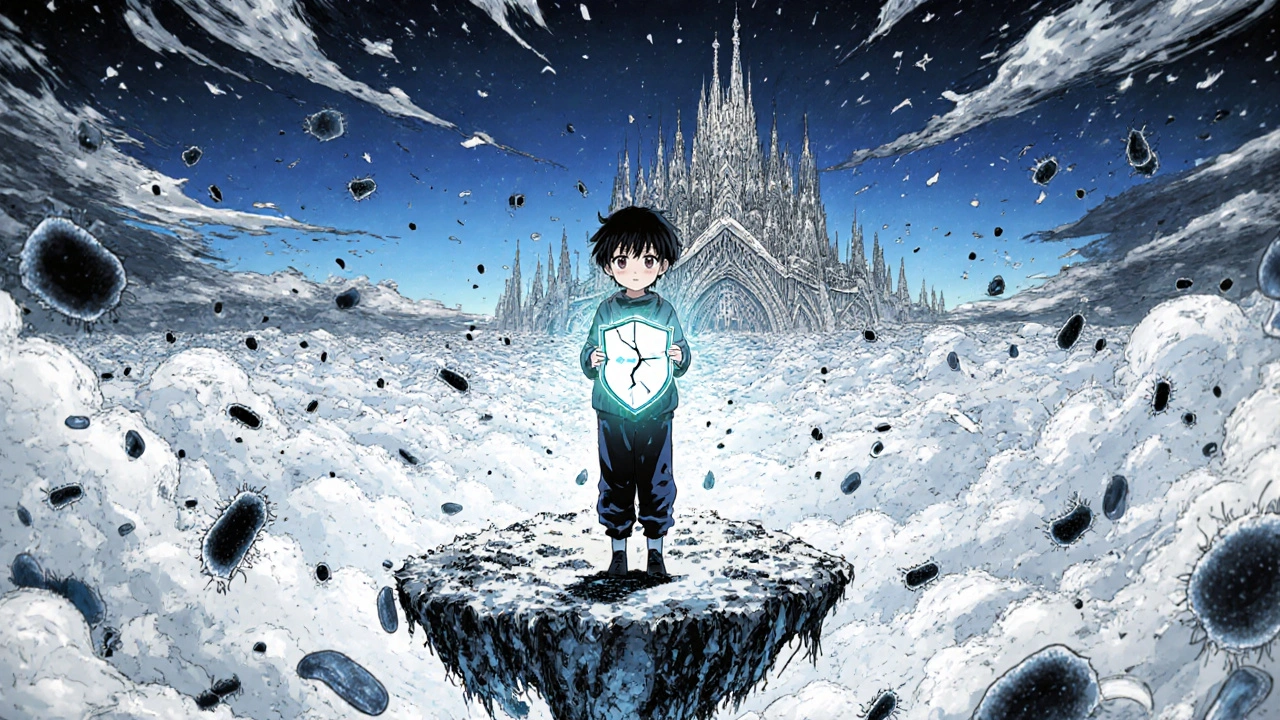 A child on a gut villi island holding a cracking IgA shield, surrounded by swirling bacteria and gluten shards.