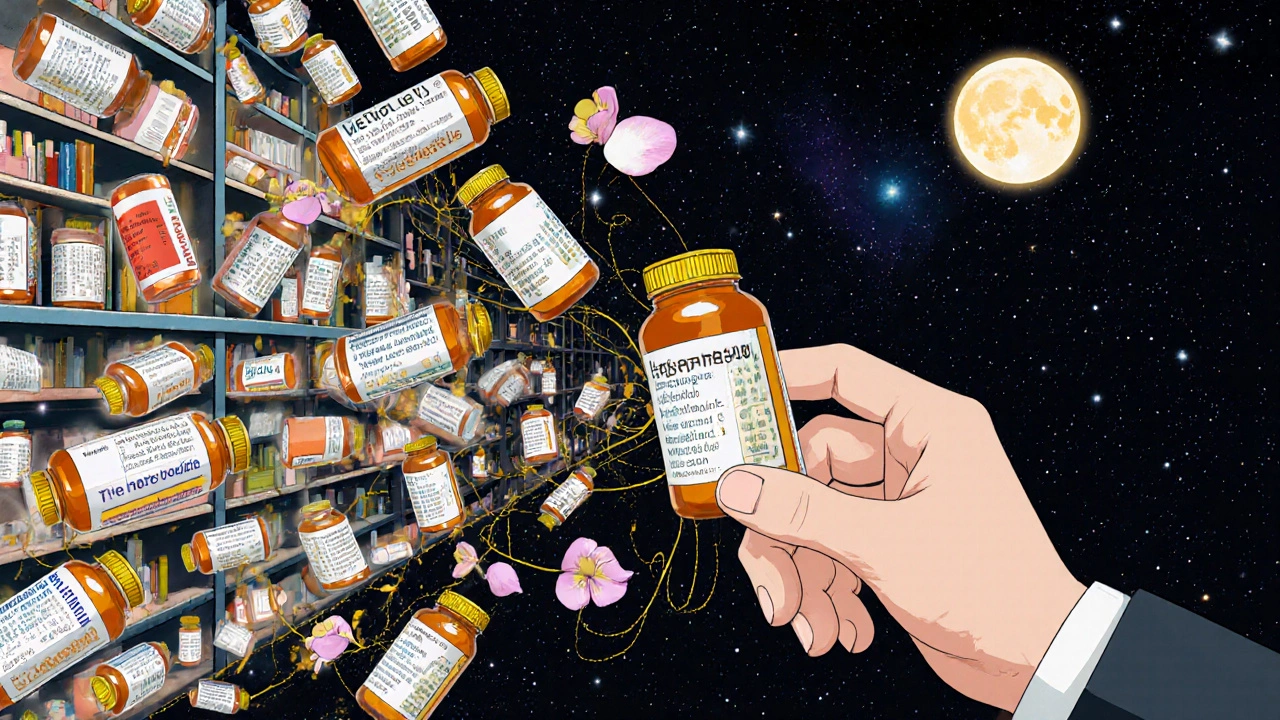 A cosmic library of medicine bottles connected by glowing threads, with a hand reaching for a generic pill as petals drift nearby.