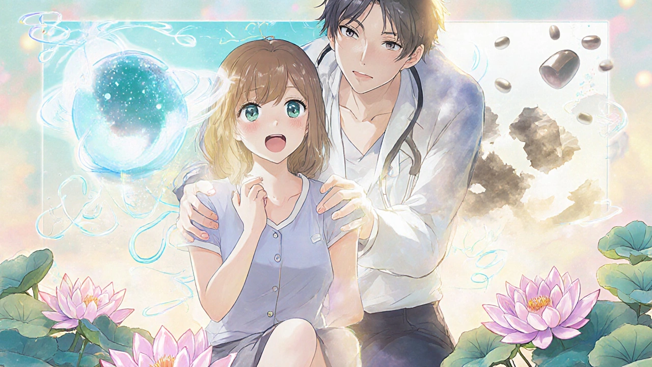 A doctor and patient beside a split vision of safe and dangerous bladder treatments, surrounded by blooming lotuses.