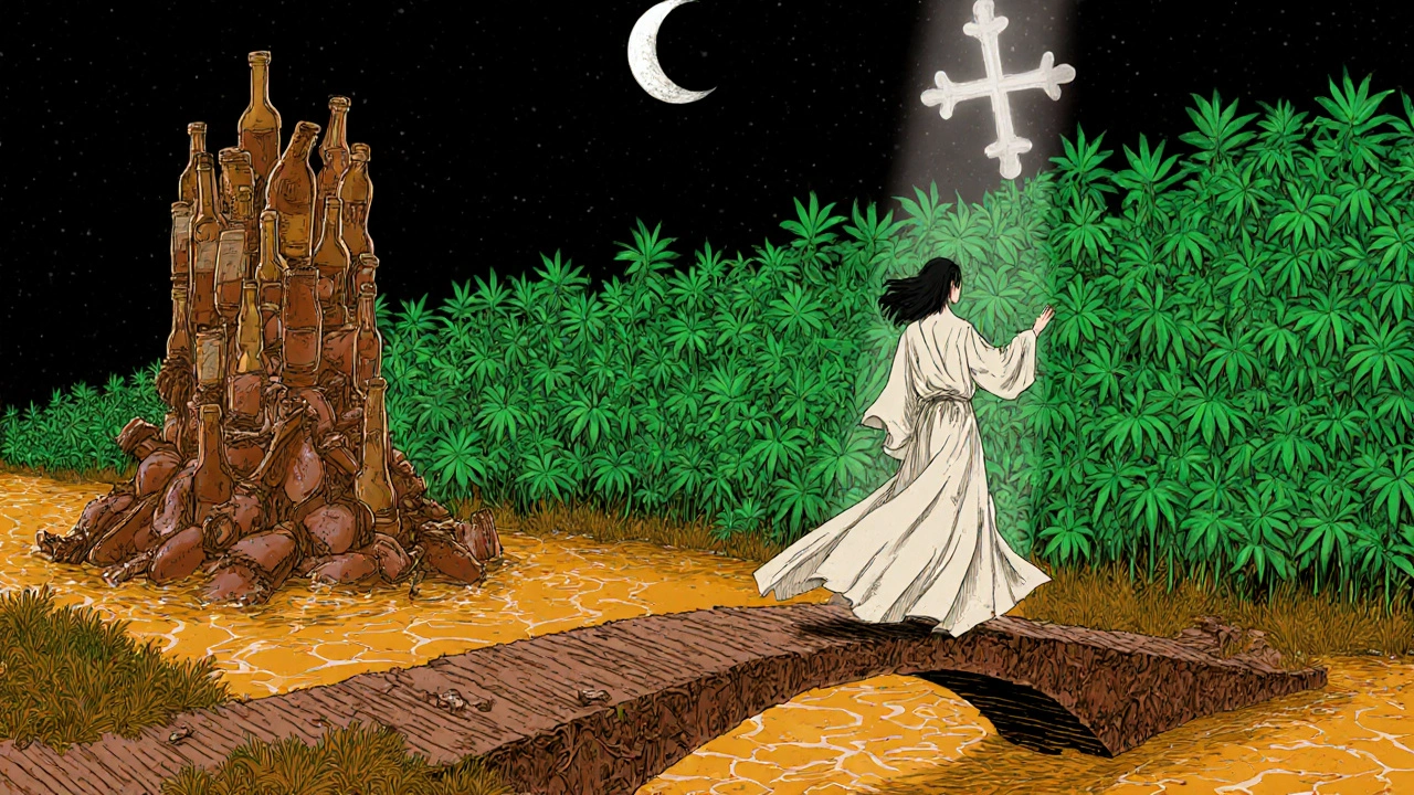 A figure on a bridge, leaving behind alcohol bottles toward a forest of liver-shaped glowing leaves.