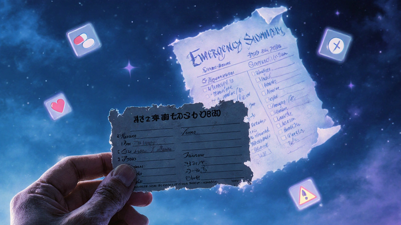 A hand holding a waterproof emergency contact card with shimmering numbers, floating medical info drifting behind it in ethereal script.