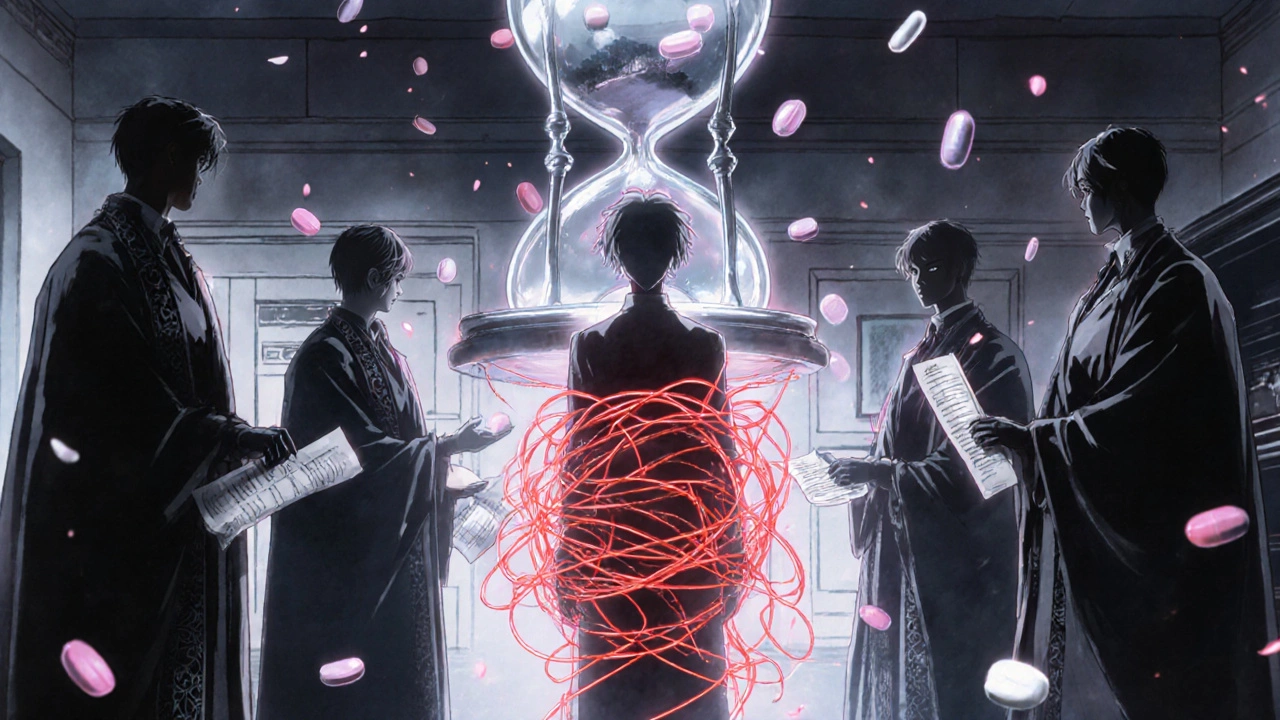 A patient bound by glowing threads to multiple doctors, each holding prescriptions, in a fragmented room with a draining hourglass.