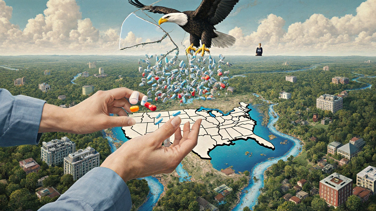A patient holding a pill that multiplies into thousands, with savings flowing across America under a watching eagle.