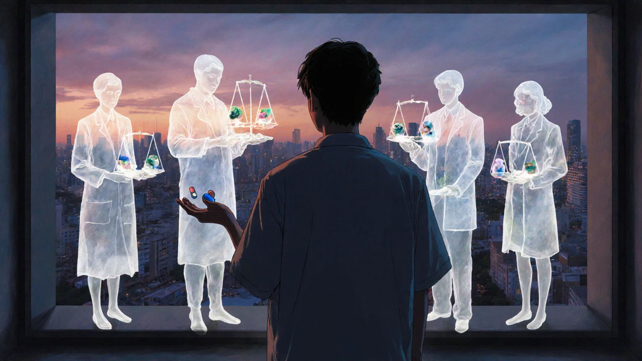 A patient holding two differently colored pills at a hospital window, with ghostly medical figures behind them balancing cost and health.