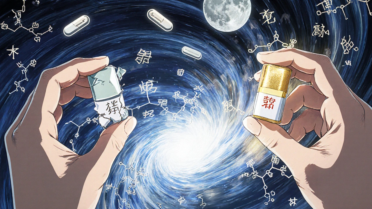 A patient holds two pills—one fragmented, one radiant—symbolizing the difference between regular and authorized generics.