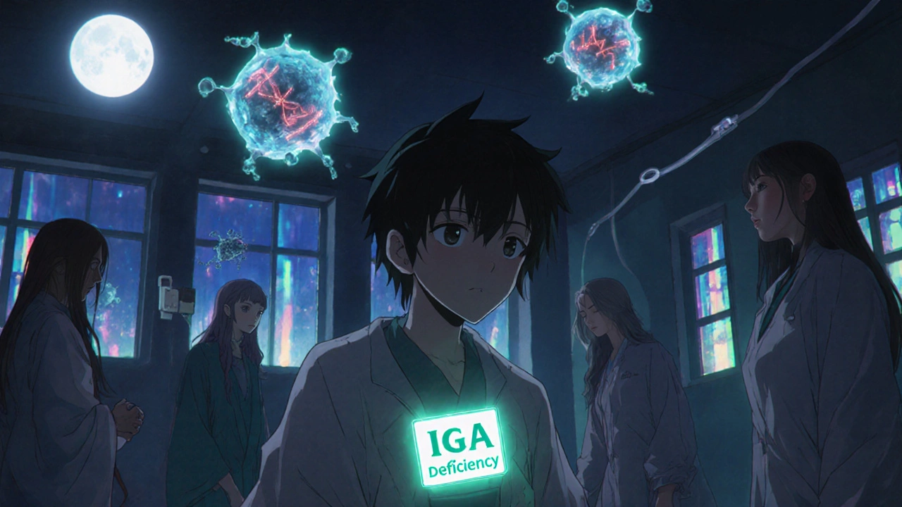 A patient with a glowing medical alert bracelet in a moonlit ER, staff confused as spectral blood cells float nearby.