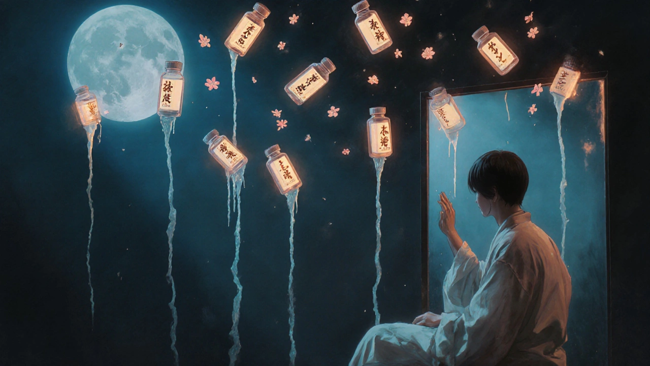 A person in a clinic reaching toward their younger self, with glowing medications floating above in delicate ink-like forms.