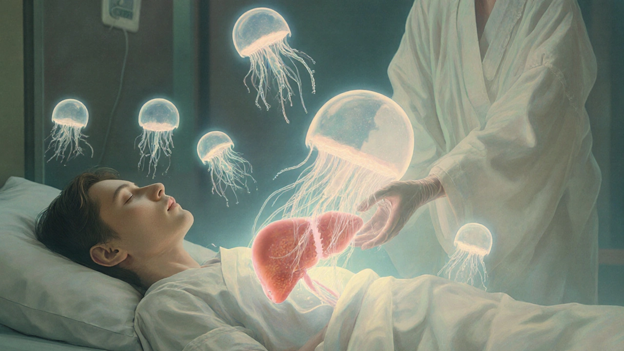 A person in a hospital bed with floating nutrient orbs healing their liver with threads of light.