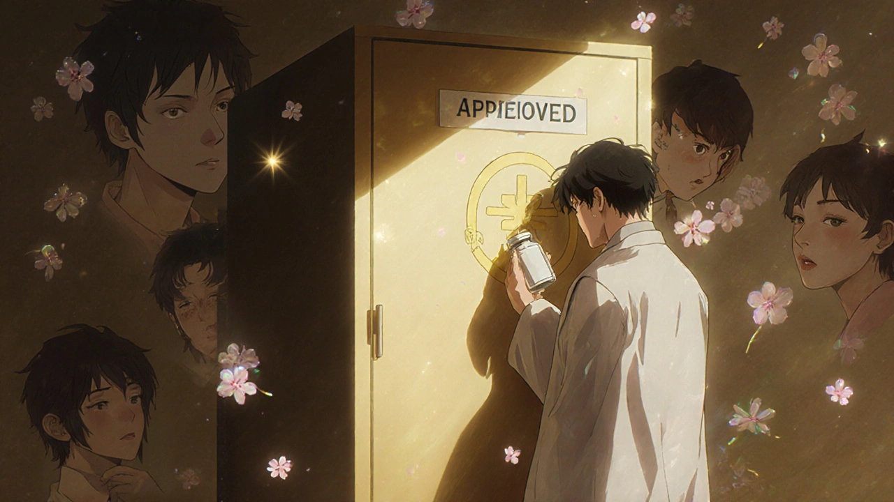 A pharmacist pulls an authorized generic pill from a cabinet, golden light revealing the hidden brand logo in the shadows.