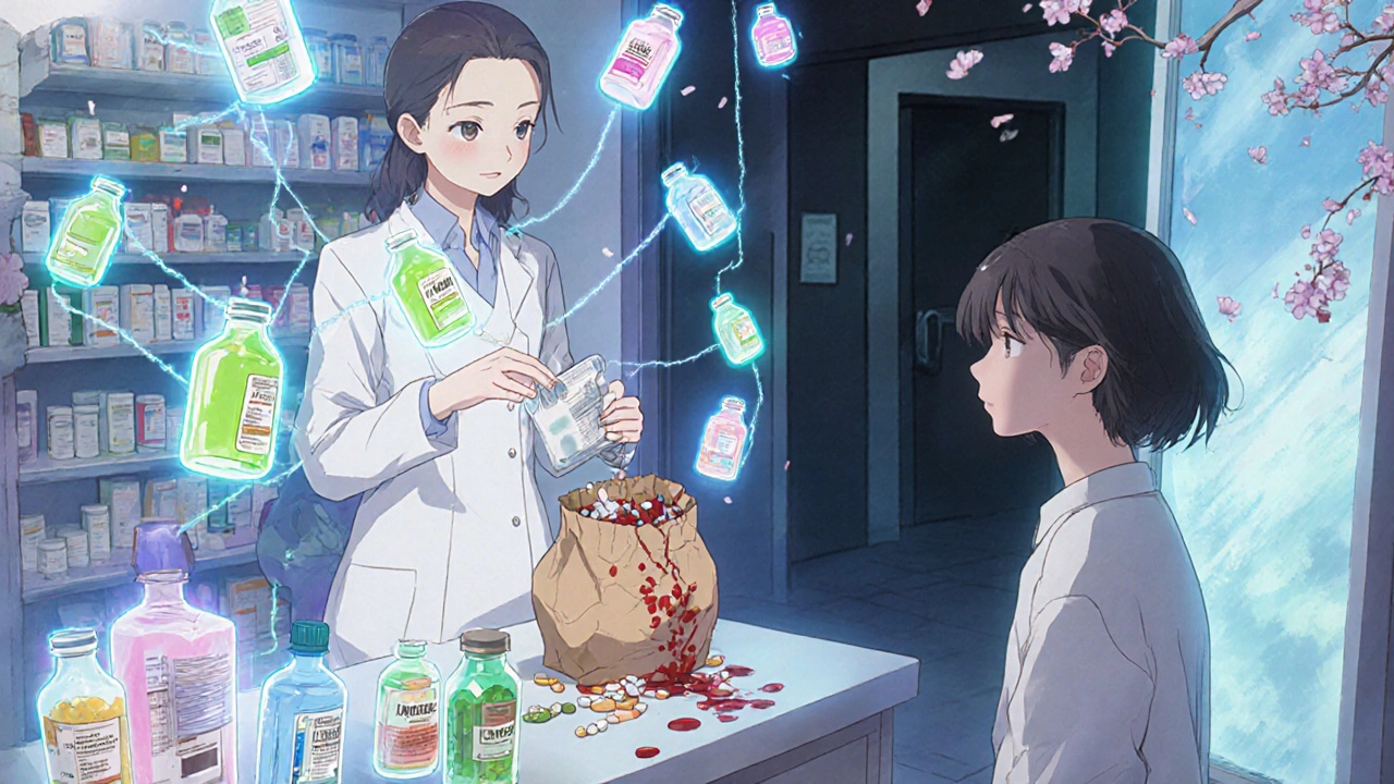 A pharmacist surrounded by floating pills and supplements, some glowing safely, others bleeding red, with a patient watching.